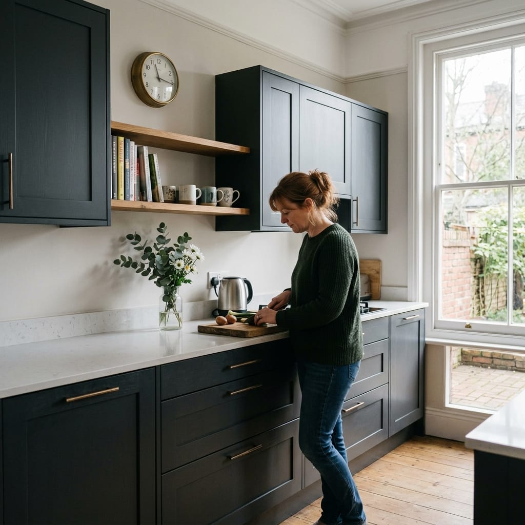 square2_800x800-36 Dark shaker units, white worktop, open shelves, large window, Mastercraft kitchen