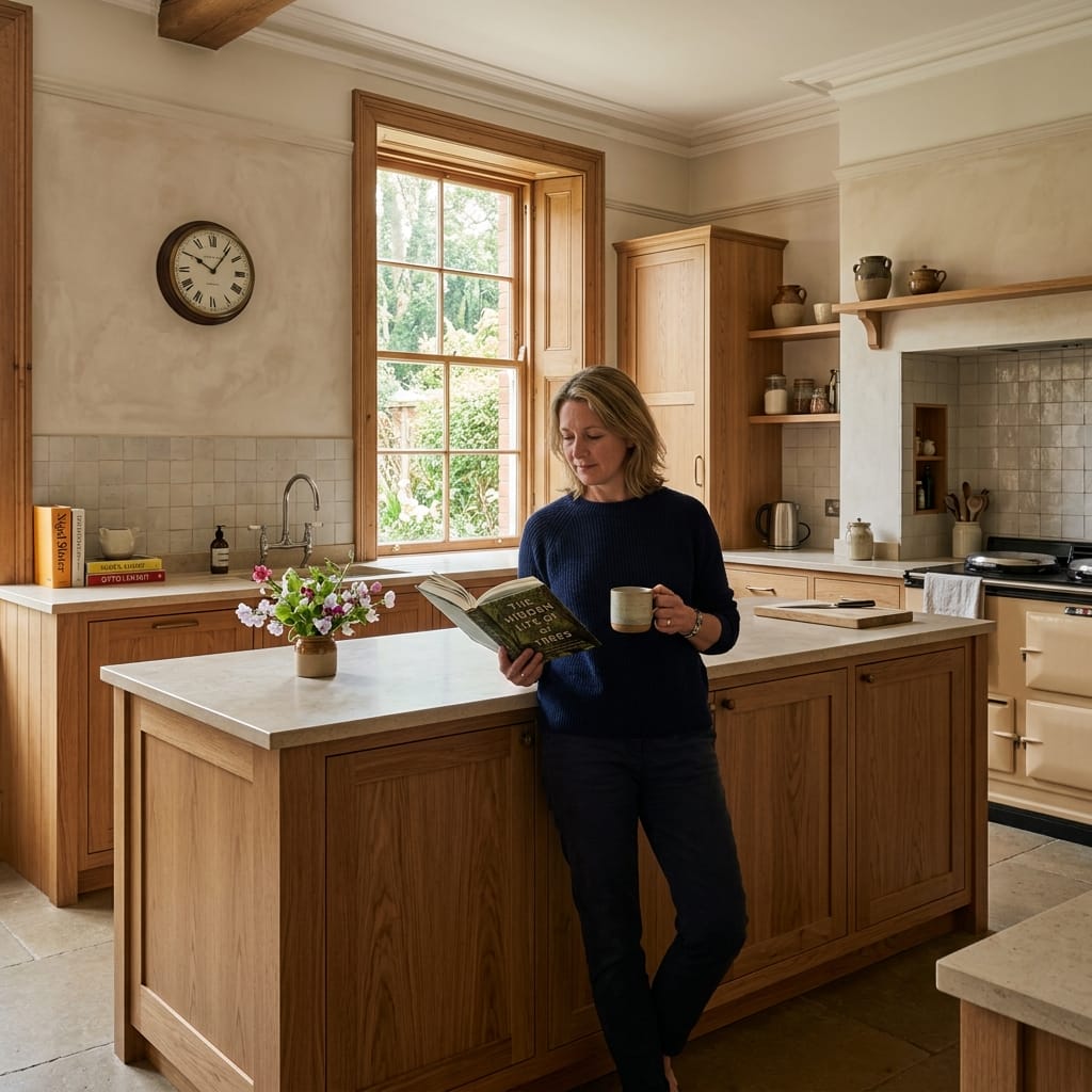 wooden kitchen with stone worktops, large window and a woman reading