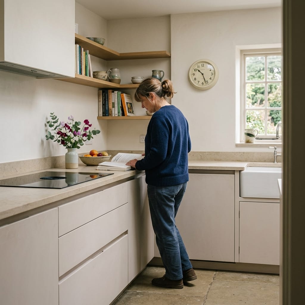 Light Mastercraft kitchen with open wooden shelves and a vase of flowers