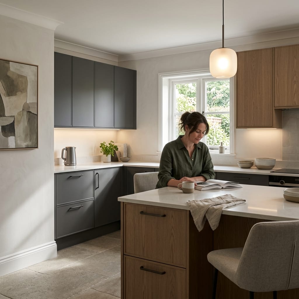 Bespoke kitchen designed for a Wigston home, quality materials and considered layout