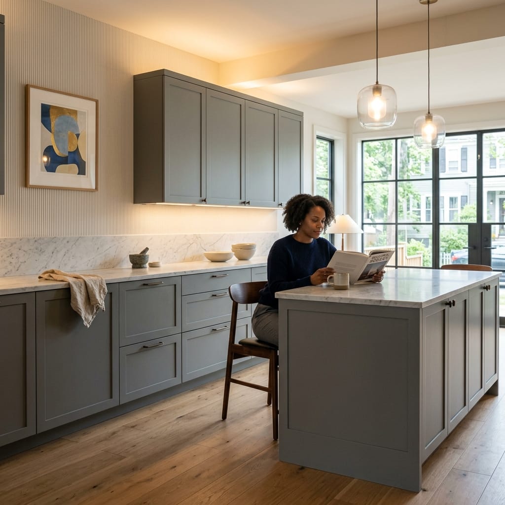 Bespoke kitchen designed for a Boston home, quality materials and considered layout