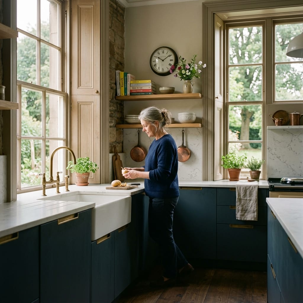 woman peeling potatoes by large window in blue and wood kitchen
