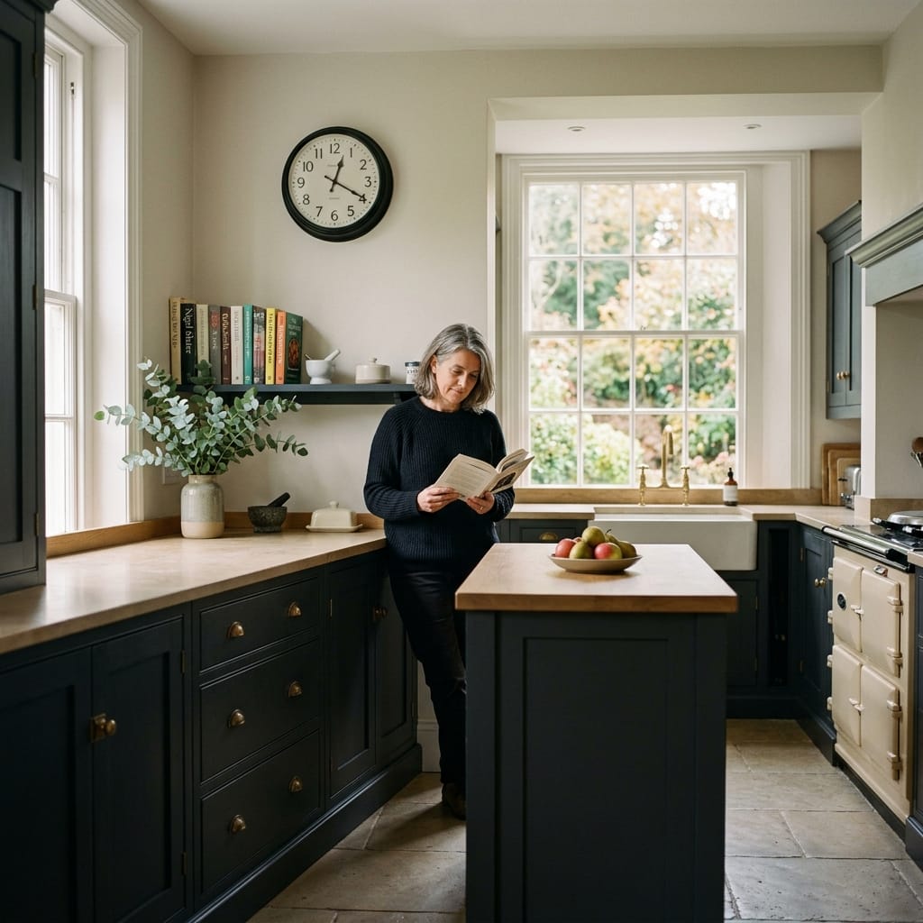 dark blue kitchen units with wooden worktops and large sash window