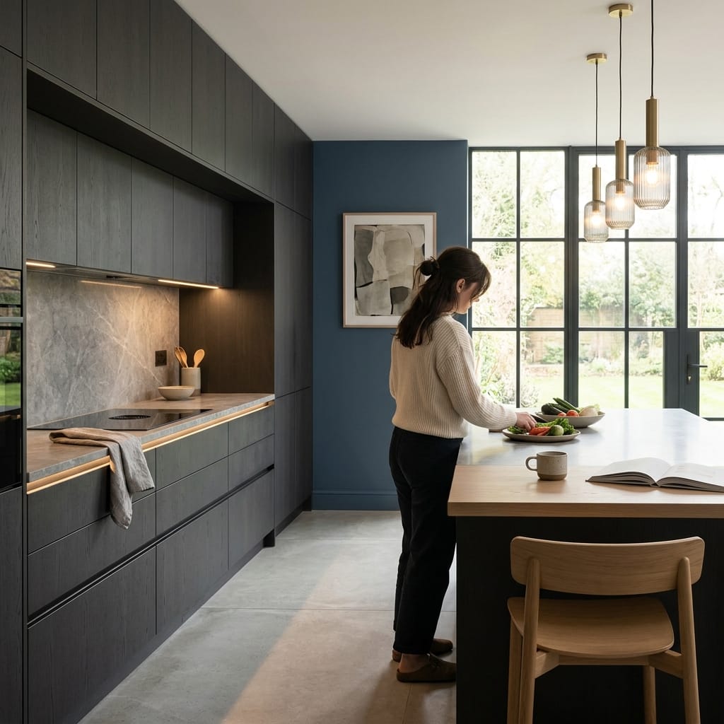 Bespoke kitchen designed for a Stamford home, quality materials and considered layout