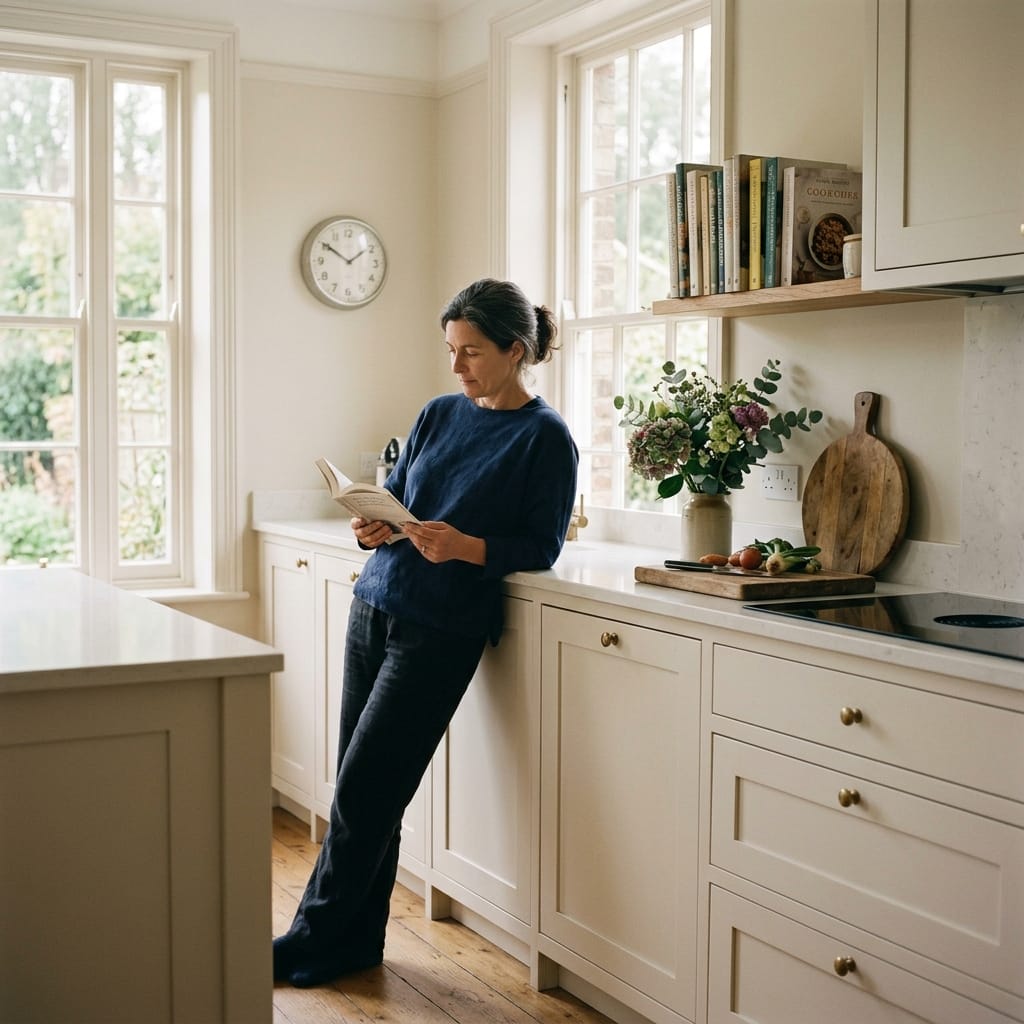 cream kitchen with shaker units, wooden floor and woman reading by the window