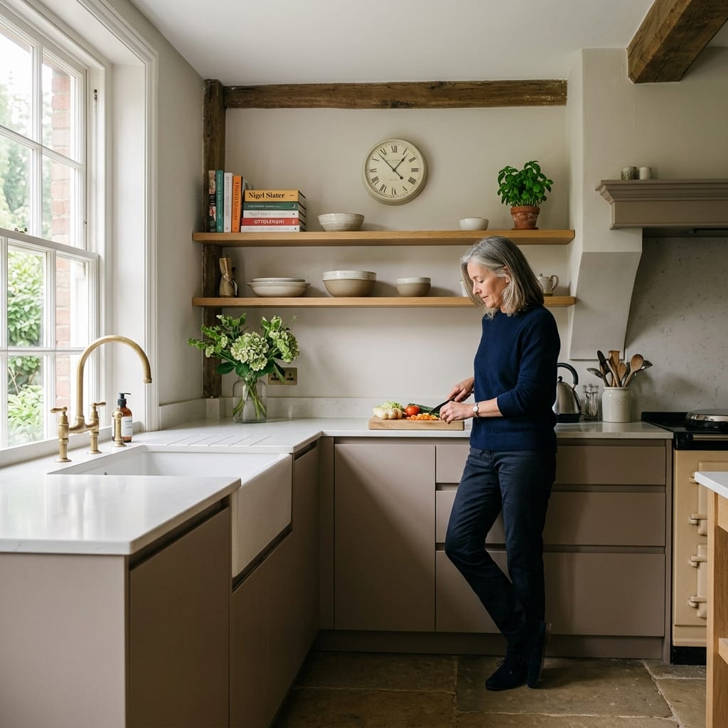 square2_800x800-43 modern kitchen with open wooden shelves and pale cabinets, woman chopping vegetables