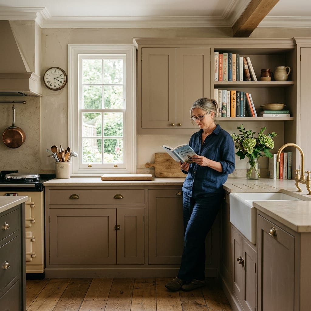 square2_800x800-44 Classic kitchen with taupe cupboards, open shelving, and a farmhouse sink