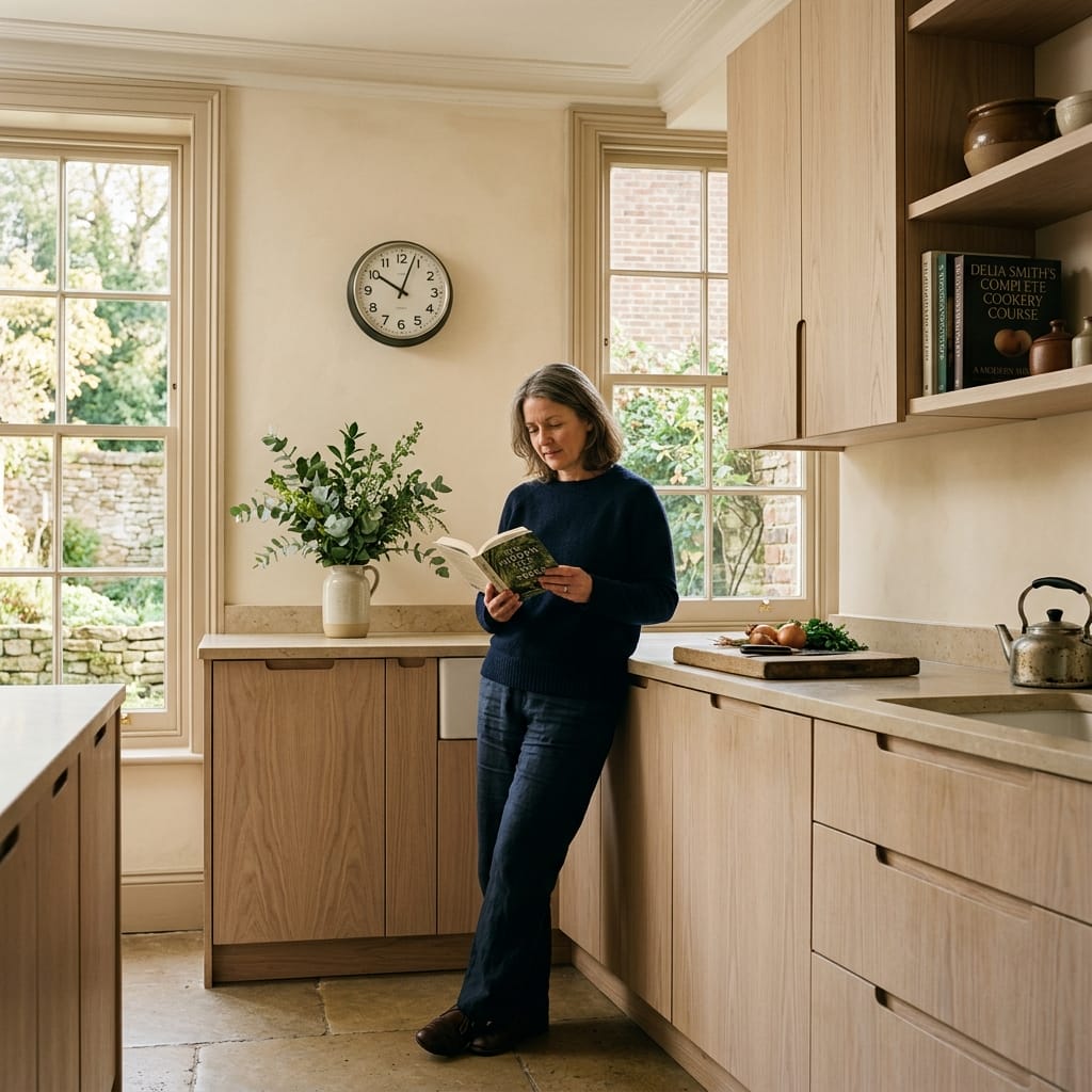light wood kitchen with large windows and a wall clock above the counter