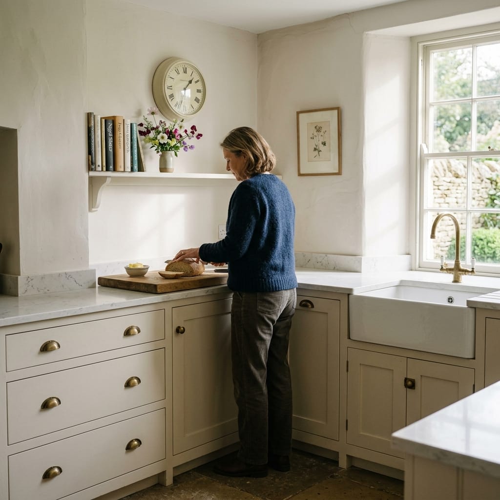 Classic cream kitchen with brass handles and large farmhouse sink