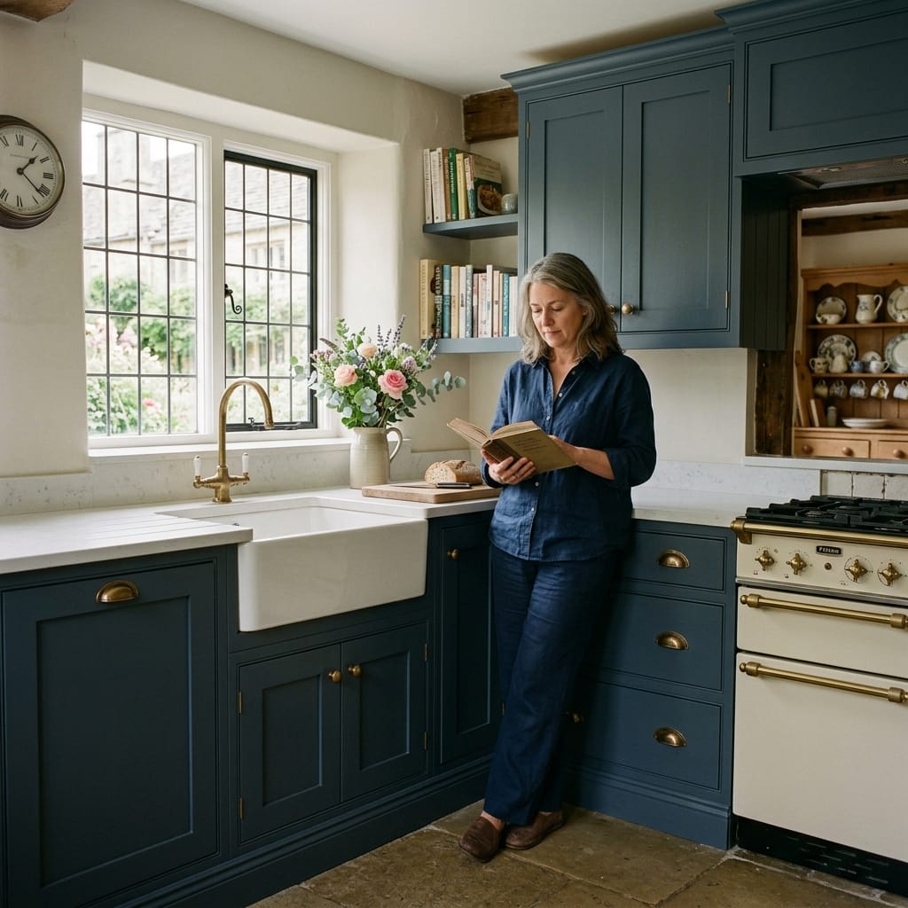 woman reading in blue kitchen with gold handles and farmhouse sink