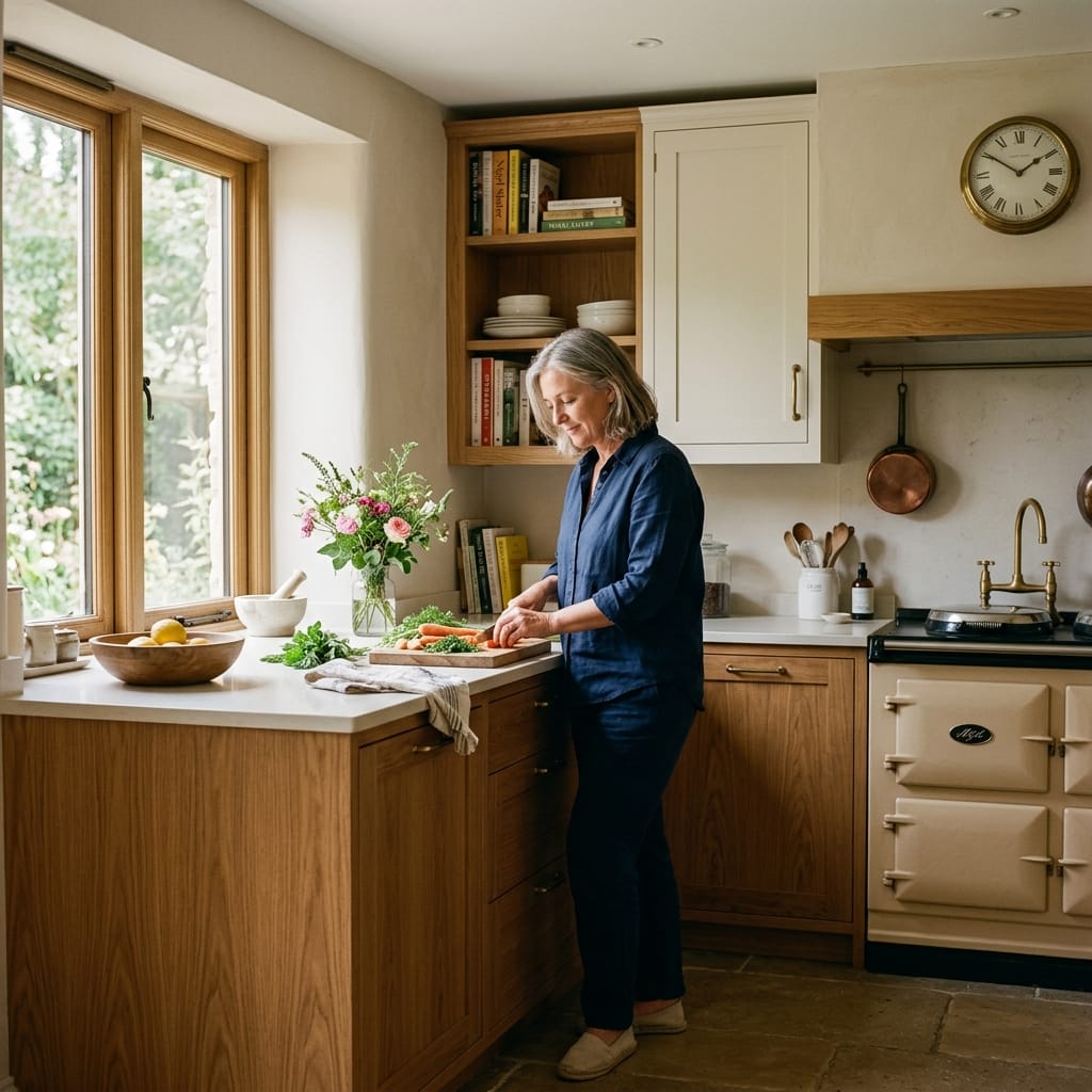 light wood kitchen with cream oven, open shelving and large window