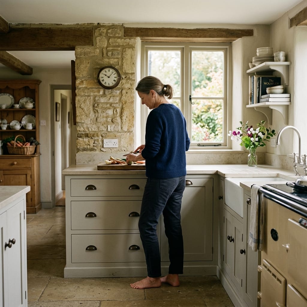 square2_800x800-53 rustic kitchen with stone wall, cream units, and woman preparing food
