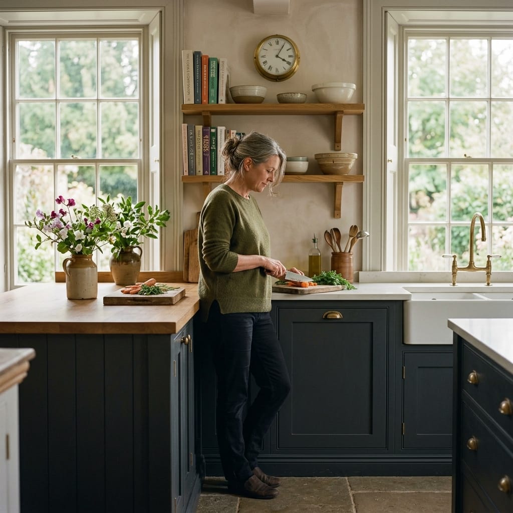 woman chopping vegetables in a kitchen with dark blue units and wooden shelves