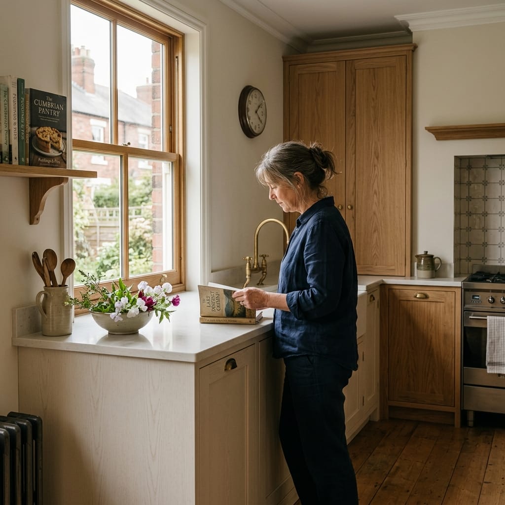 woman reading by a kitchen window with wooden cabinets and brass tap