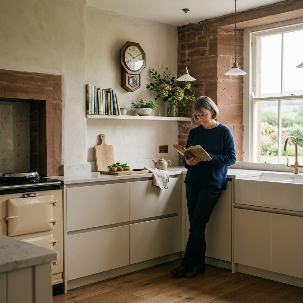 woman reading in a light kitchen with wooden floor and farmhouse sink