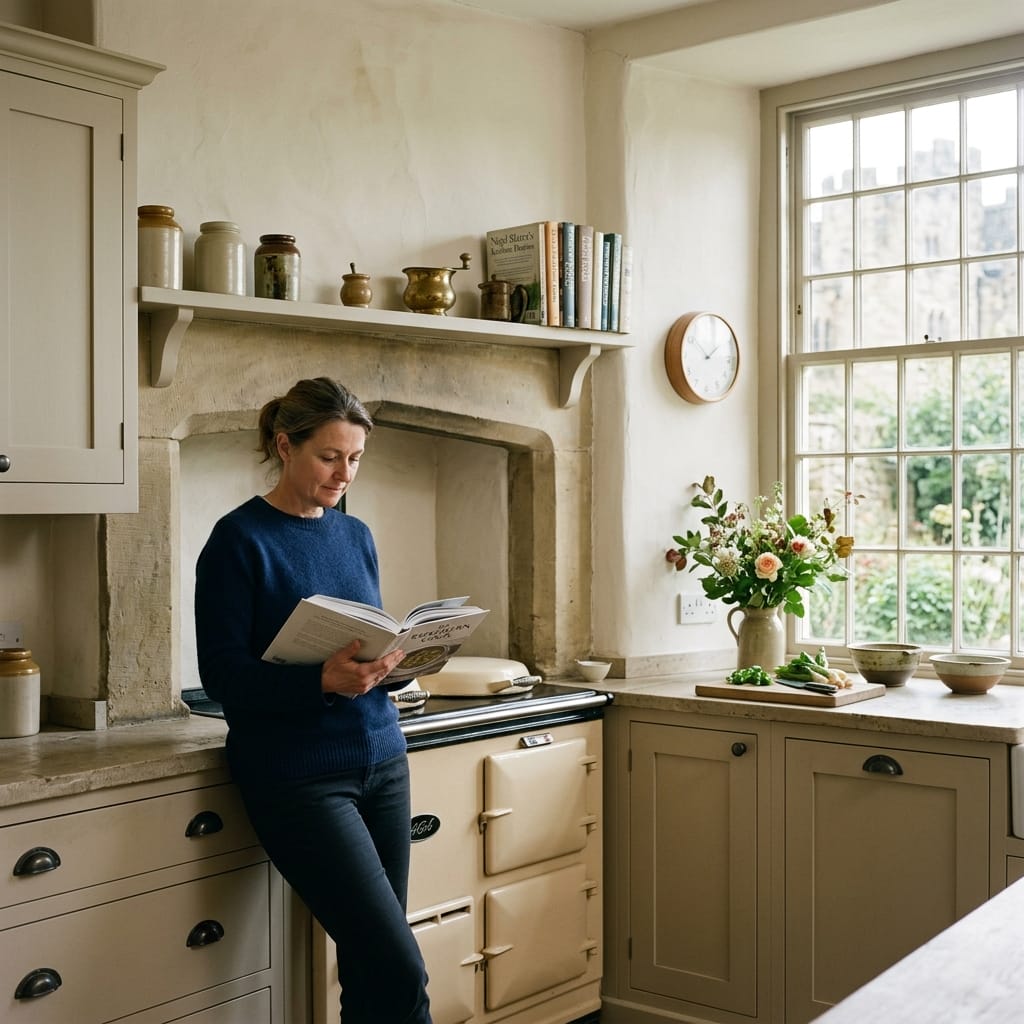 square2_800x800-59 Cream range cooker beneath stone alcove, woman reading in sunlit Mastercraft kitchen