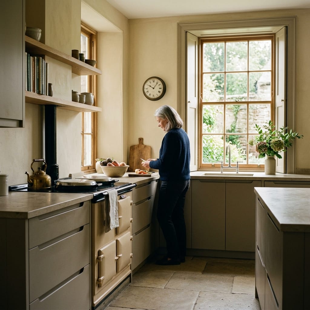 light kitchen with stone floor, wooden shelves, large window and classic range cooker