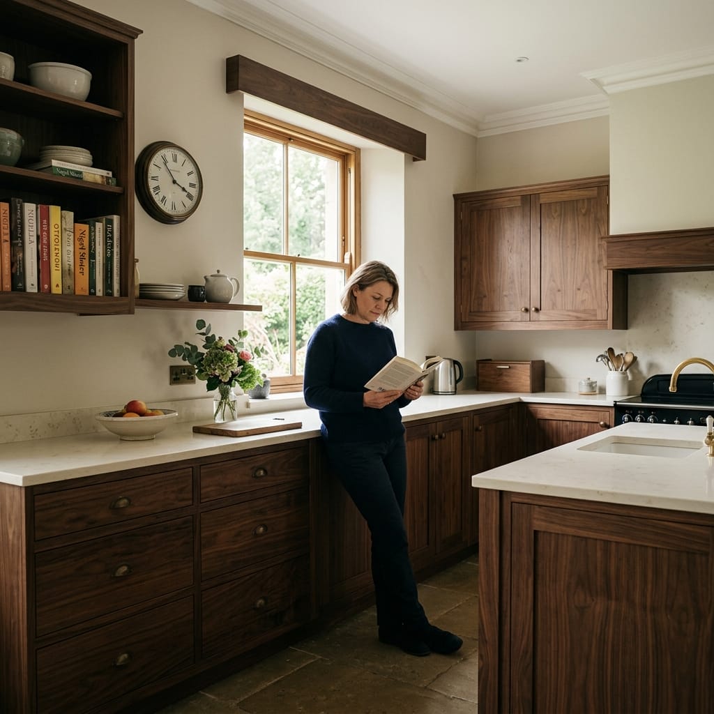 square2_800x800-61 woman reading in kitchen with dark wood units and white worktops