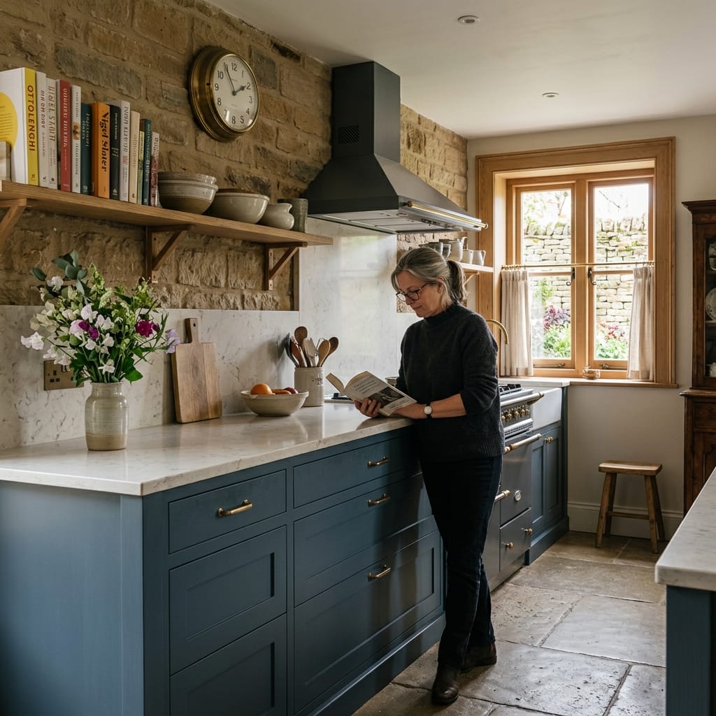 blue shaker drawers, marble worktop, exposed stone wall, wooden open shelf with books