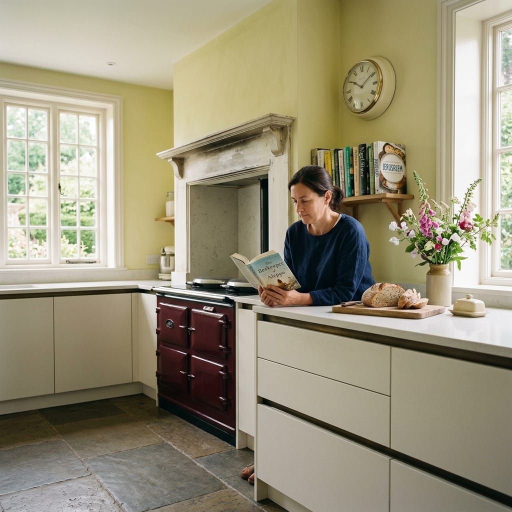 cream kitchen with stone floor, burgundy range cooker, woman reading by flowers