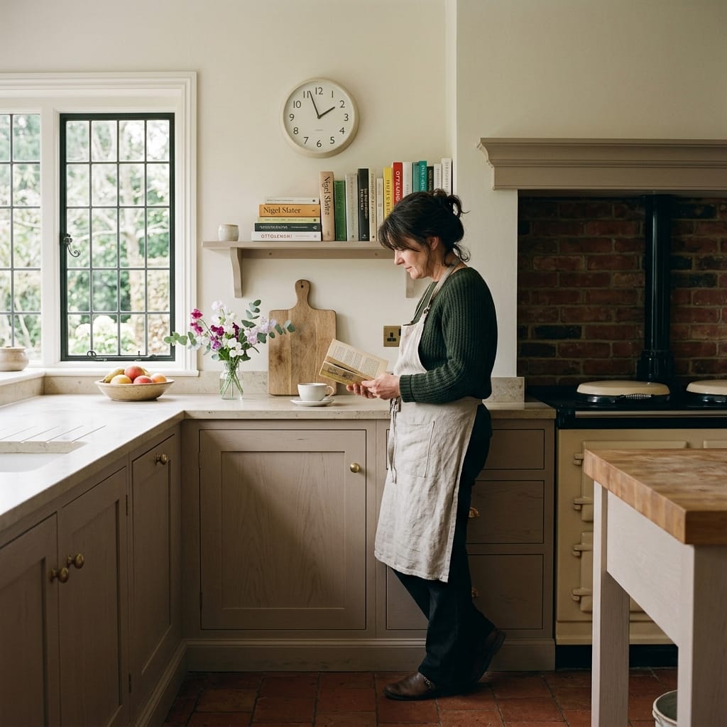 woman reading in light wood kitchen with brick wall and open shelf