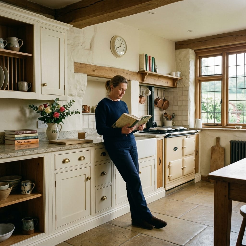 cream kitchen with wooden beams, stone floor, and woman reading by the counter