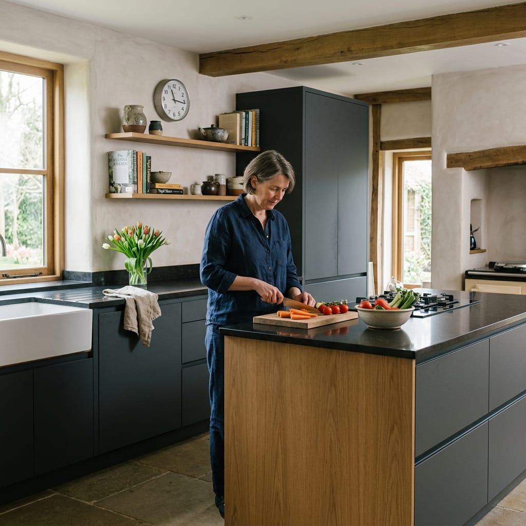 modern kitchen with matte black units, wooden island and open shelving