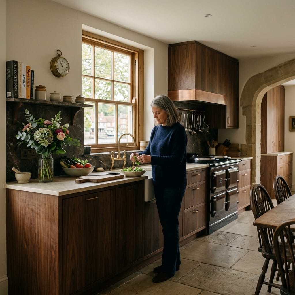 wooden kitchen with stone floor and large window above sink area