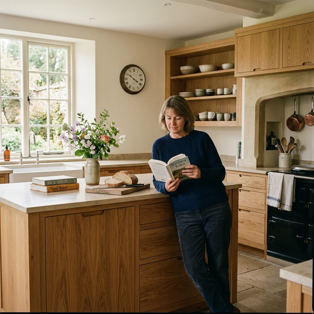 wooden kitchen with open shelving, stone worktops and a woman reading by the island