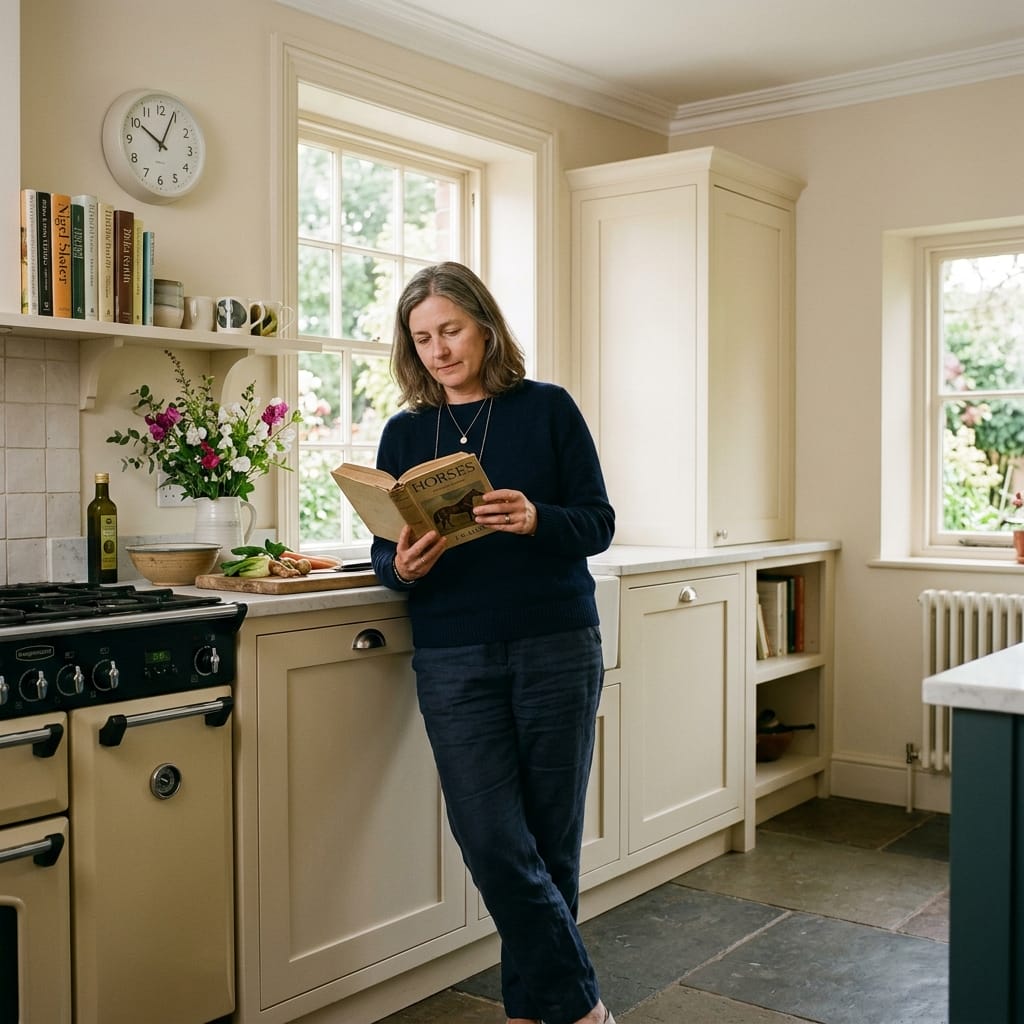 square2_800x800-73 woman reading by cream cupboards and sash windows in a light kitchen