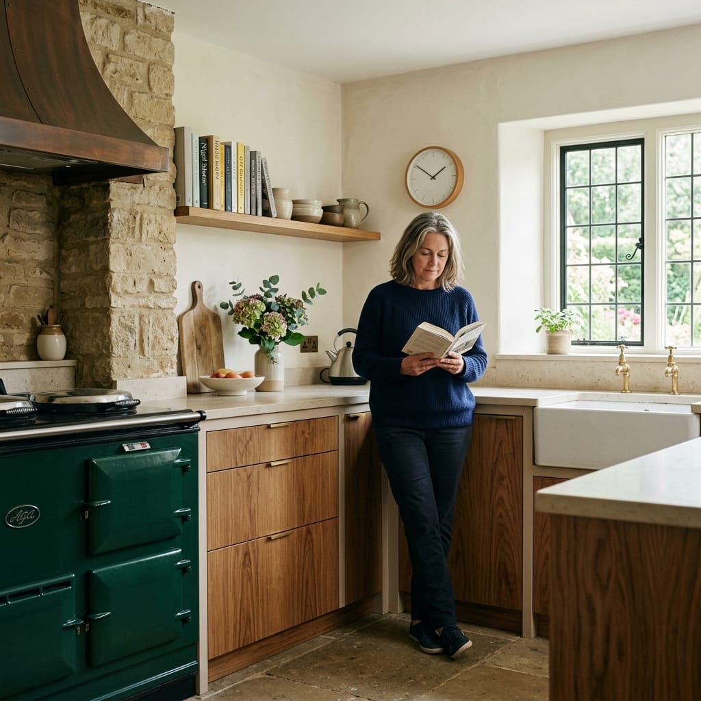 Rustic kitchen with green range cooker, stone wall, and wooden units