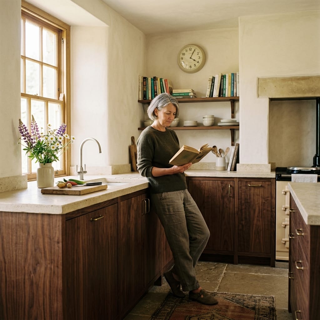 square2_800x800-77 woman reading in rustic kitchen with wooden cupboards and open shelves