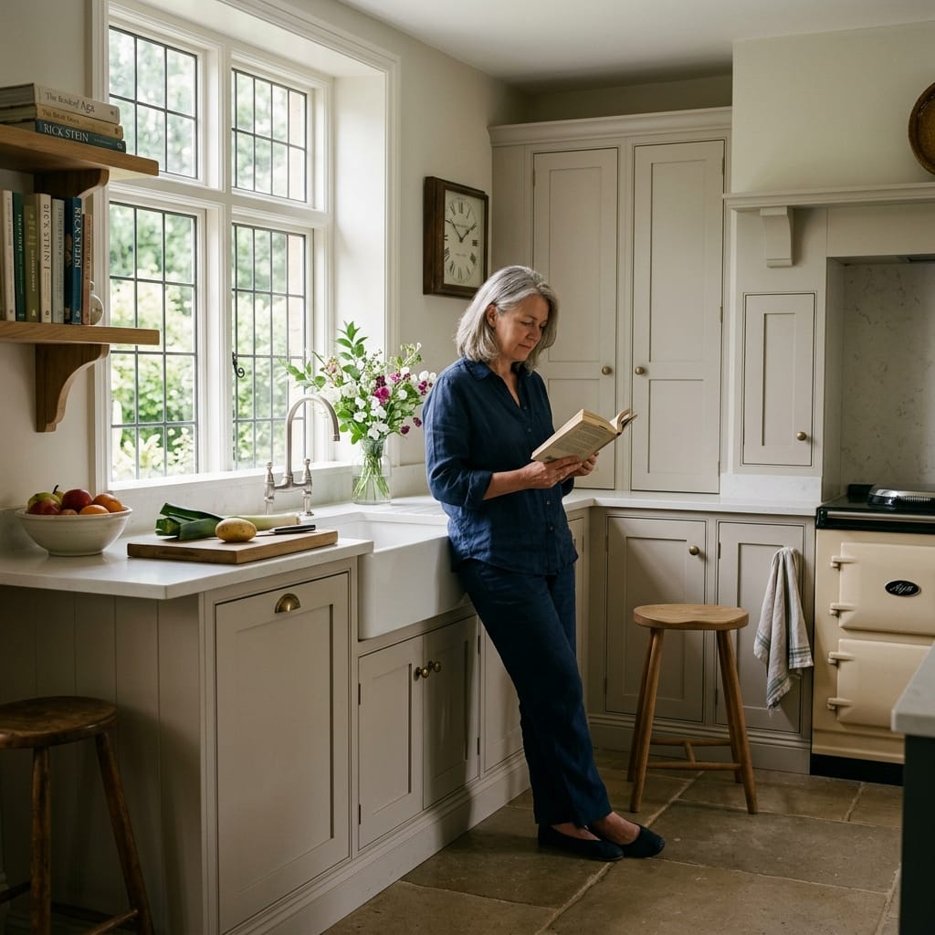 woman in blue reading by cream cupboards and farmhouse sink