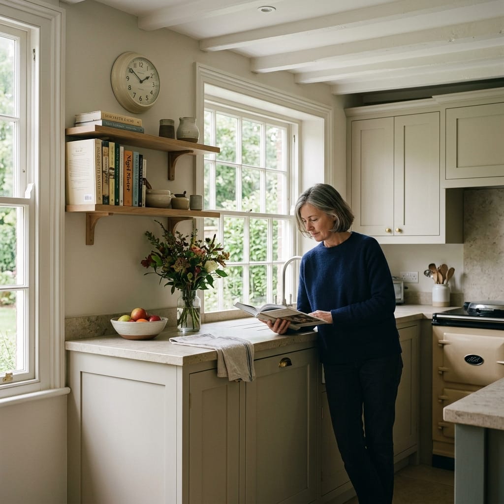light kitchen with cream cupboards, wooden shelves, and woman reading by window