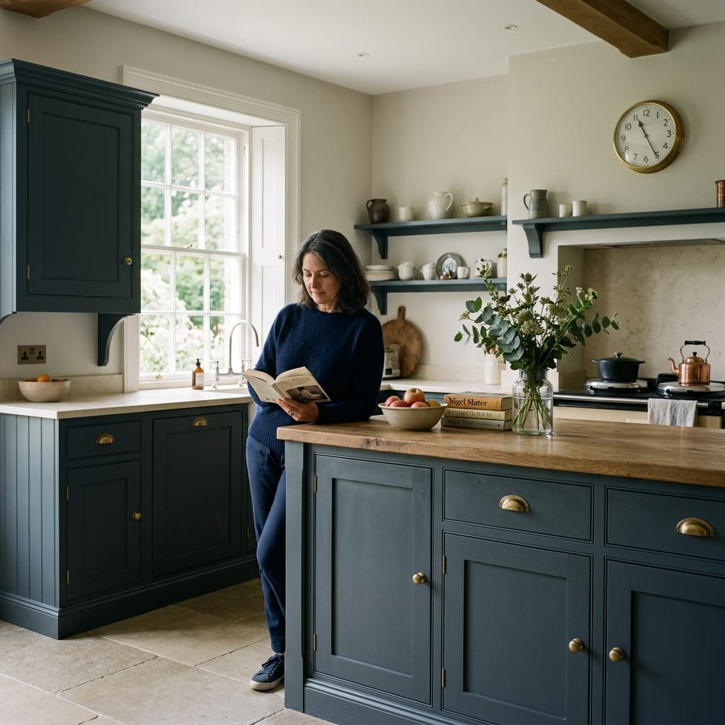 square2_800x800-81 woman reading by blue shaker units with wooden worktops and open shelving