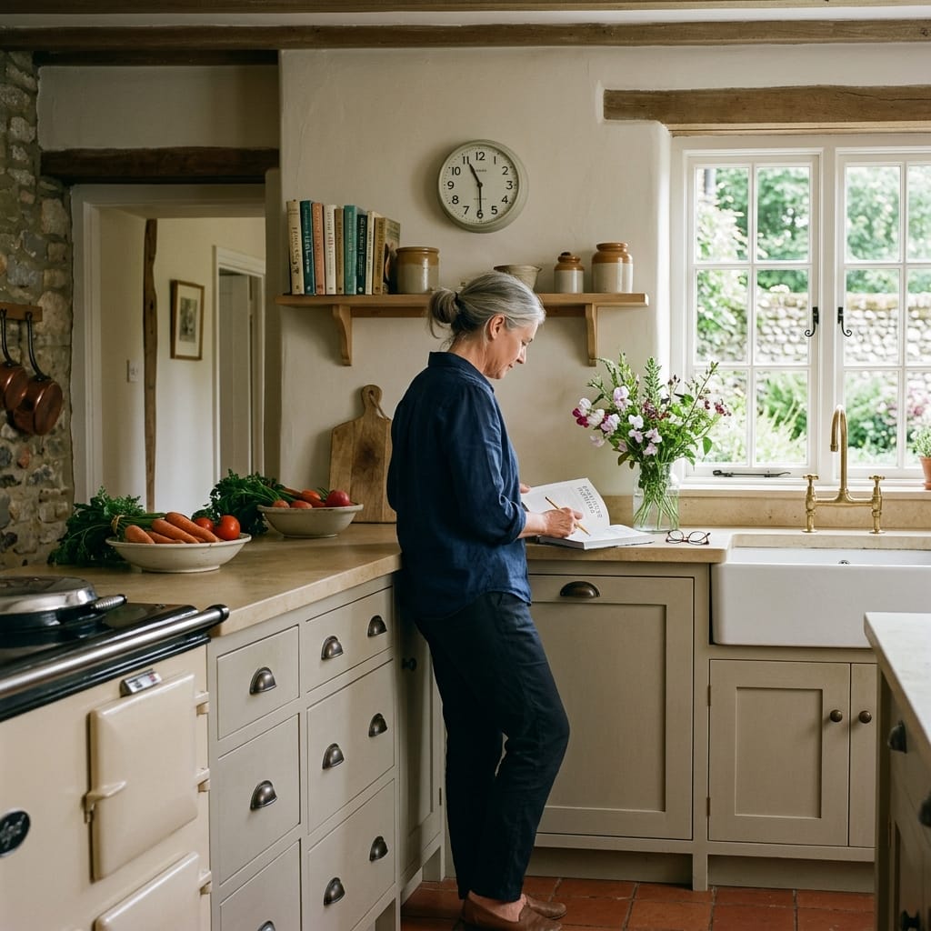 woman reading recipe book in rustic cream kitchen with stone wall and open shelving
