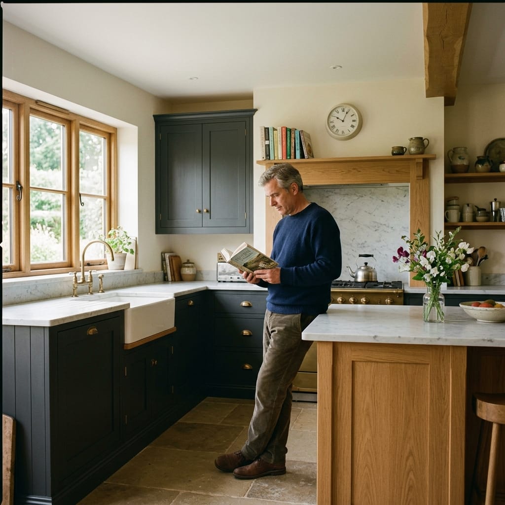 man reading in kitchen with dark blue units and marble worktops