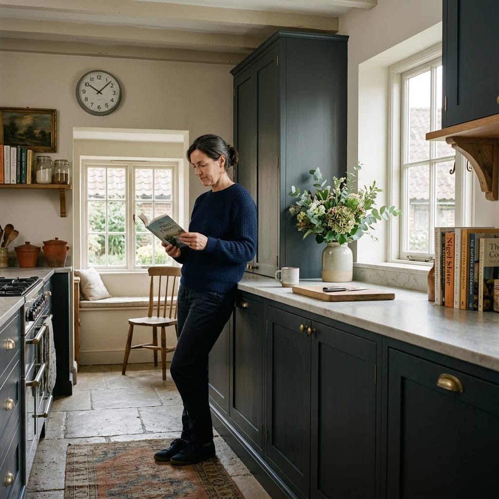 square2_800x800-84 dark blue shaker units, stone floor, vase of flowers on worktop
