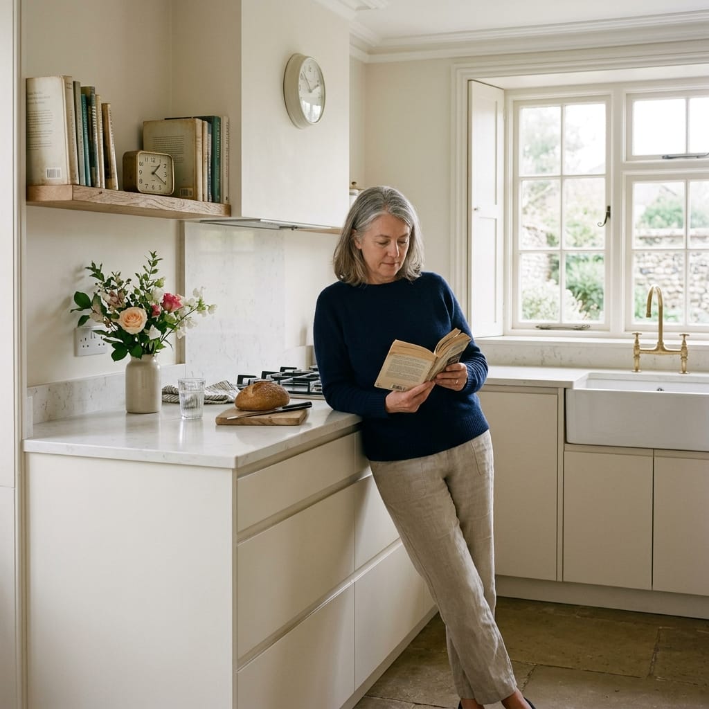 square2_800x800-85 light cream kitchen with marble worktops and large window, woman reading by counter