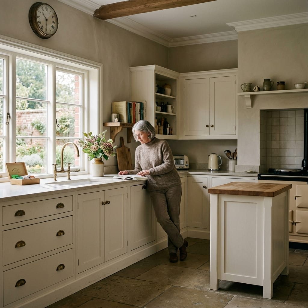 square2_800x800-86 cream kitchen with wooden accents and large window, woman reading at counter