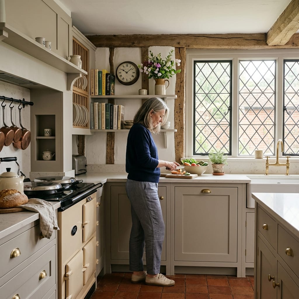 rustic kitchen with cream cupboards, exposed beams, and leaded window