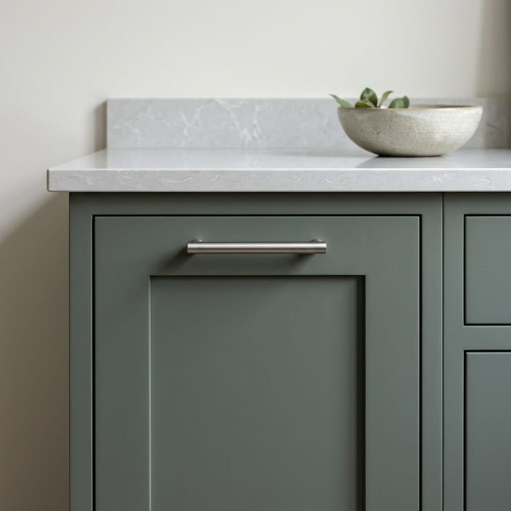 square3_800x800-108 sage green panelled cupboard with silver handle and marble worktop