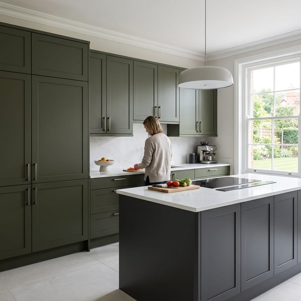 Olive green shaker kitchen with white marble worktops and large window