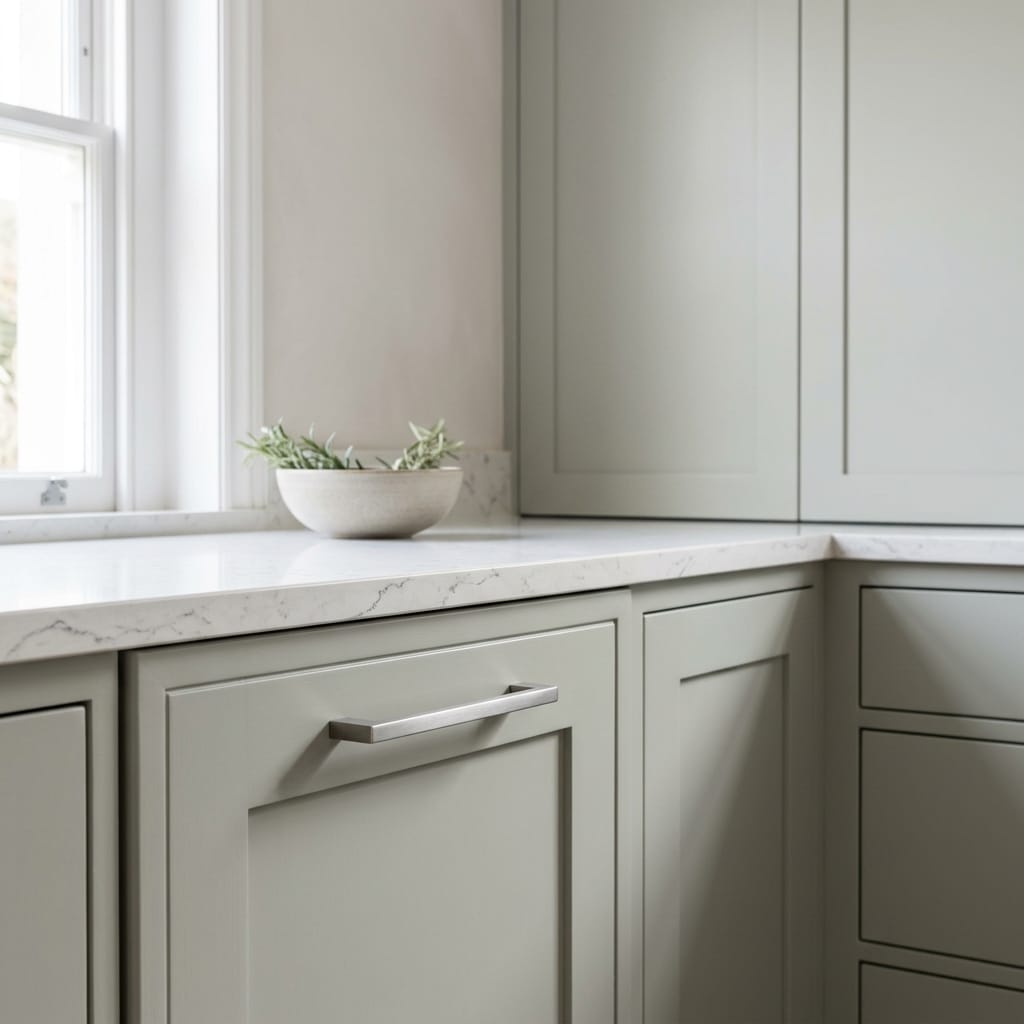 sage green cupboards with white marble worktop and a small plant bowl