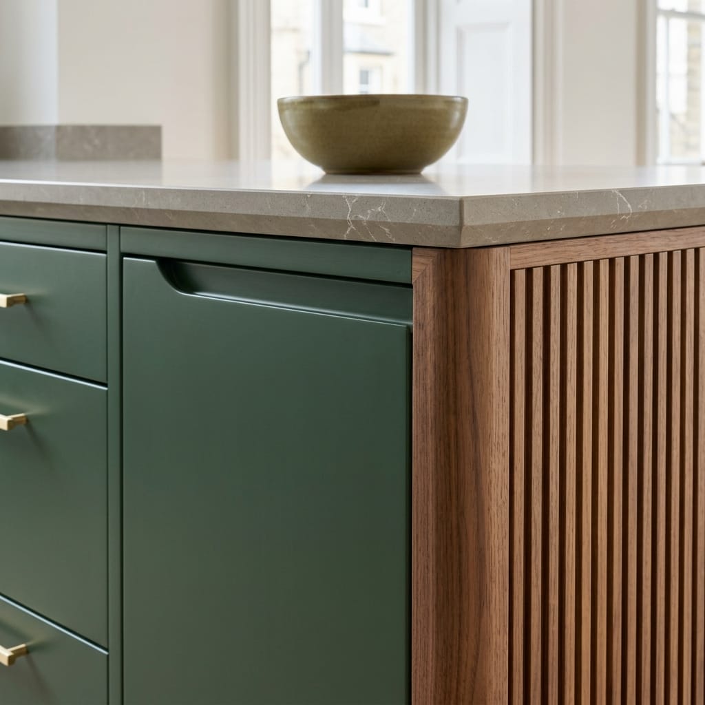 green drawers with gold handles and slatted wood panel detail