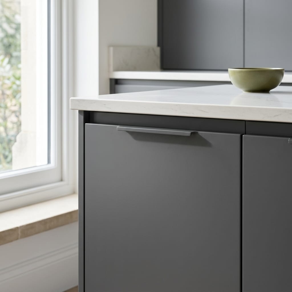 Matte grey units with white marble worktop and minimalist handle