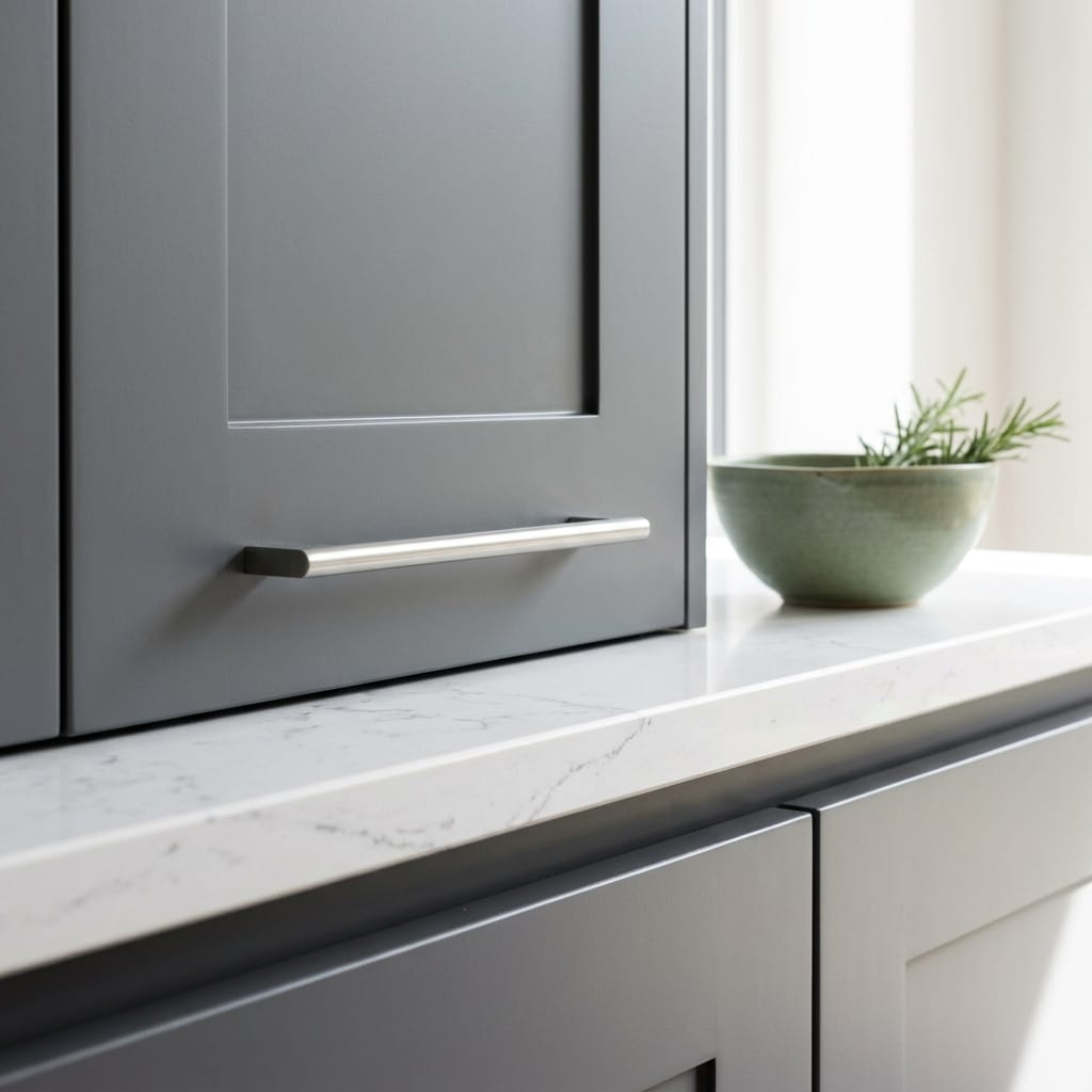 matte grey cupboard with silver handle and marble effect worktop