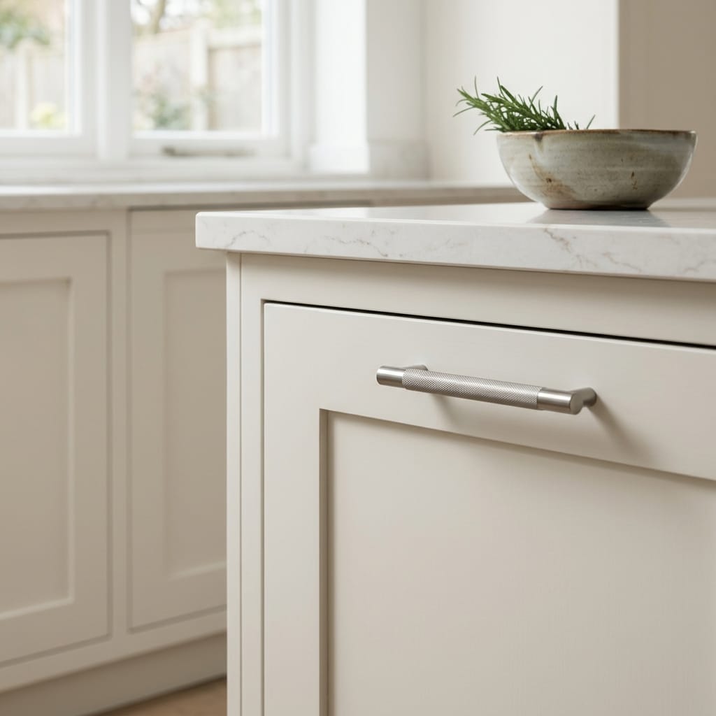 square3_800x800-118 Cream shaker cupboard with brushed metal handle and marble worktop