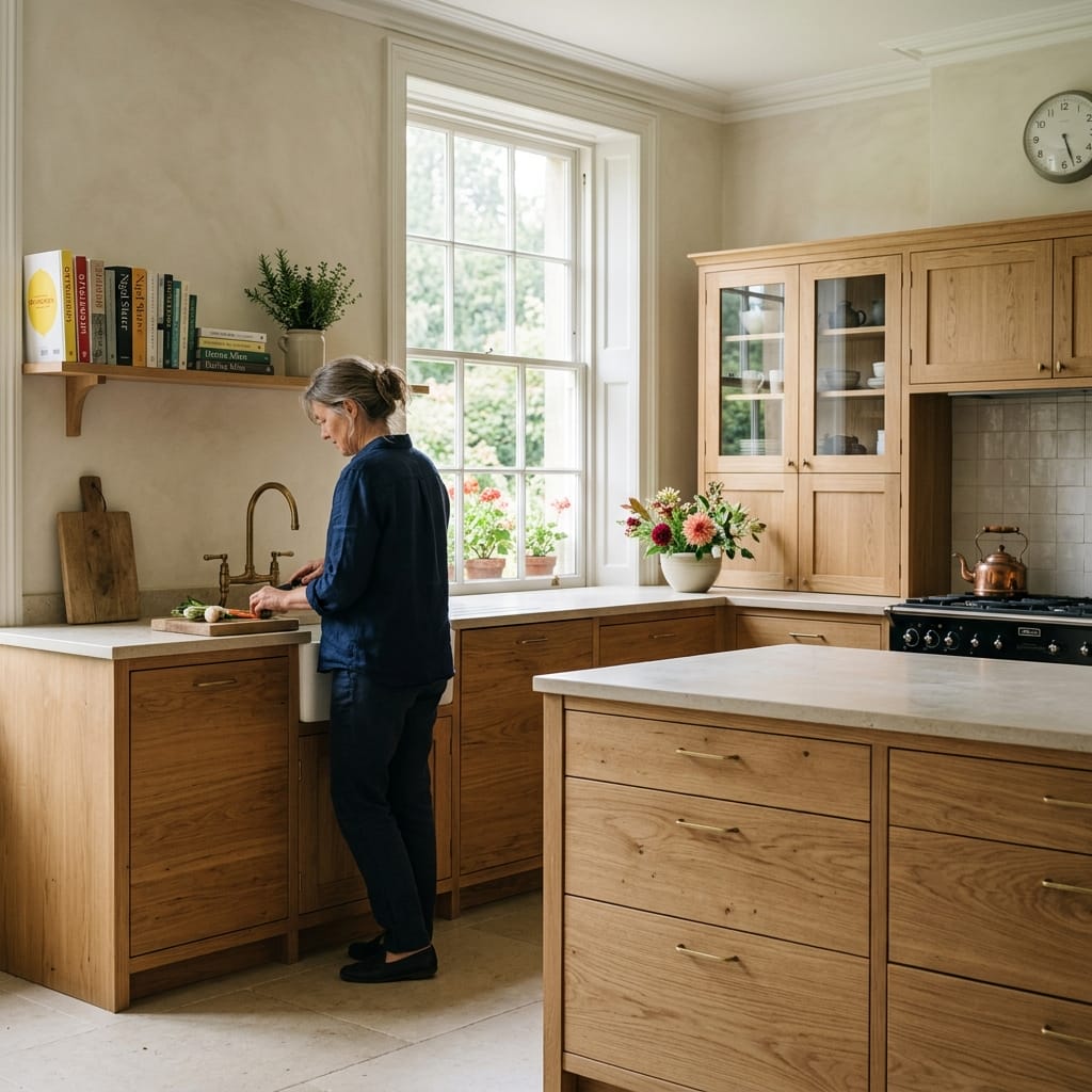 light wood kitchen, white worktops, large window, woman chopping vegetables