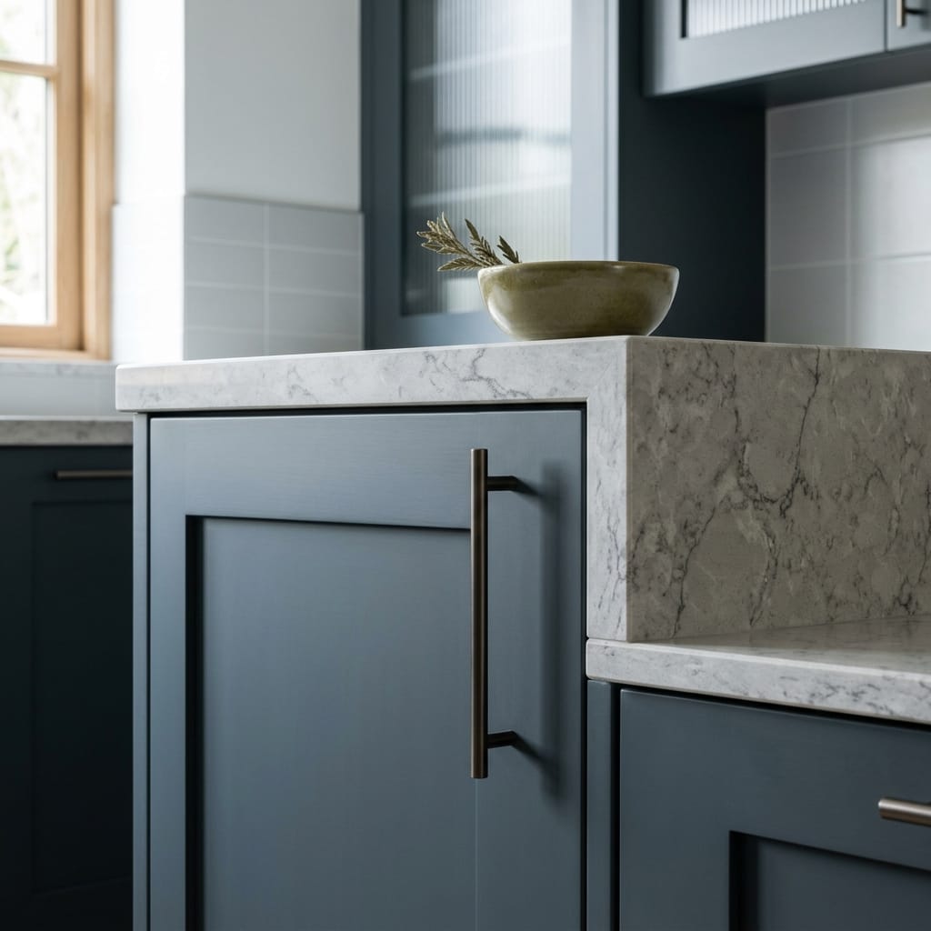 square3_800x800-122 matte blue cupboard with marble worktop and brushed metal handle
